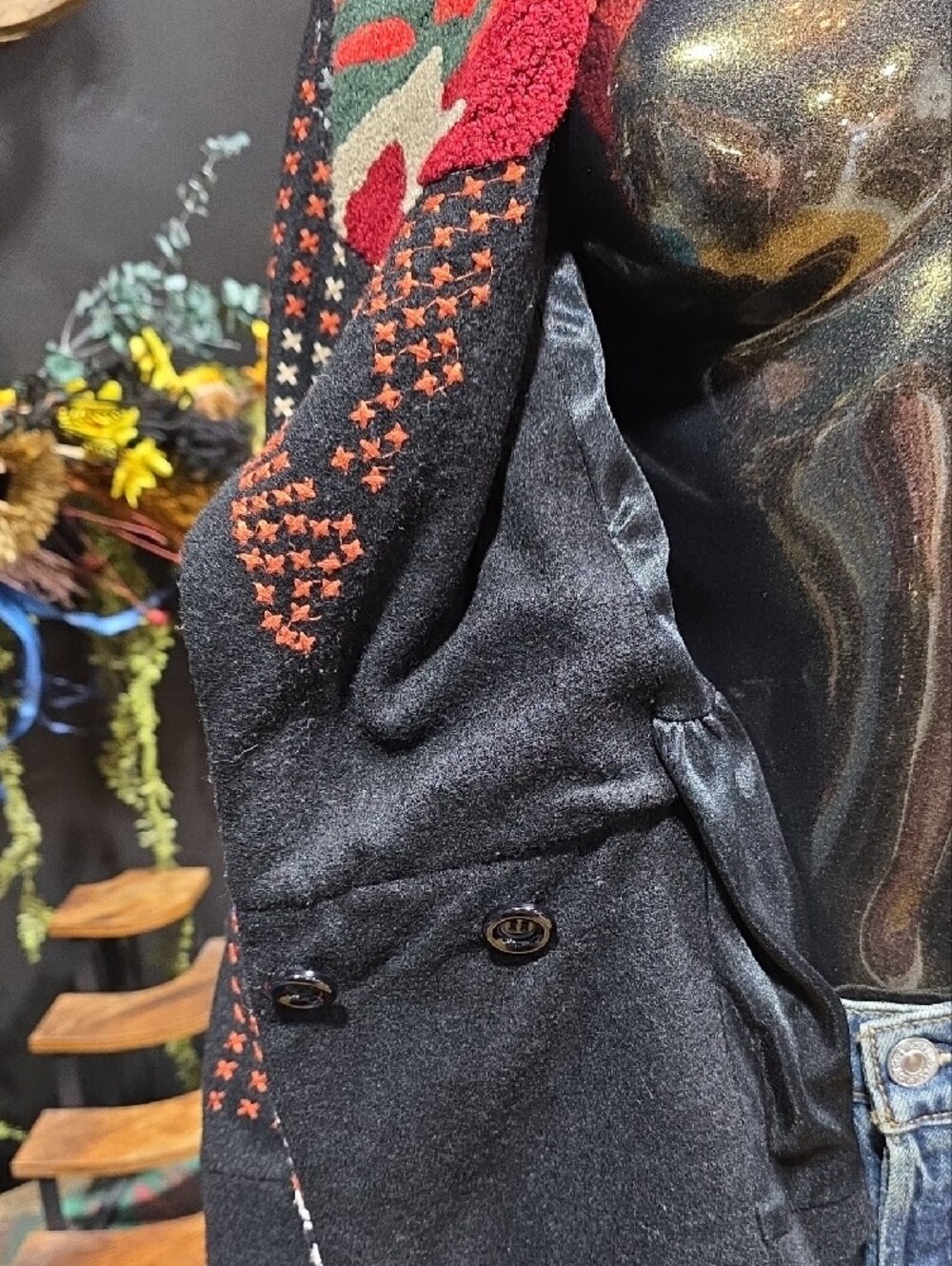 RARE! Hazel Black Embroidered Shawl Collar Blazer with Multicolor Accents - Picture 14 of 15